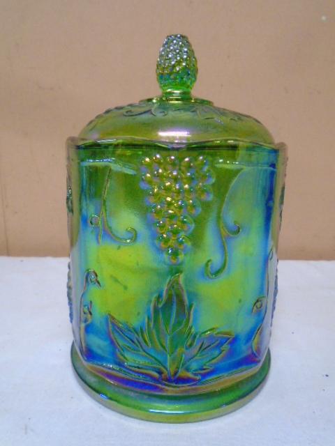 Vintage Indiana Glass Green Carnival Lidded Candy Jar
