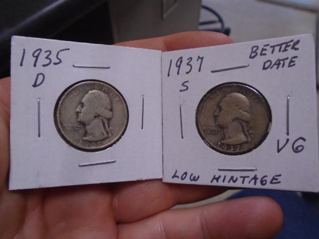 1935 D Mint & 1937 S Mint Silver Washington Quarters