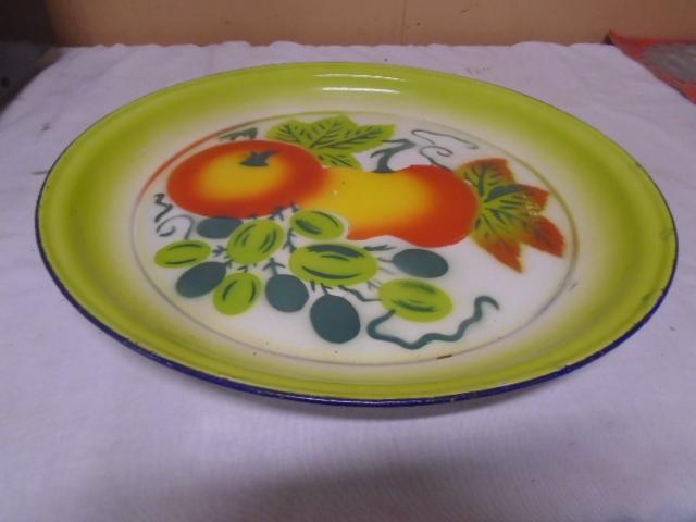 Large Round Vintage Porcelain Over Steel Tray