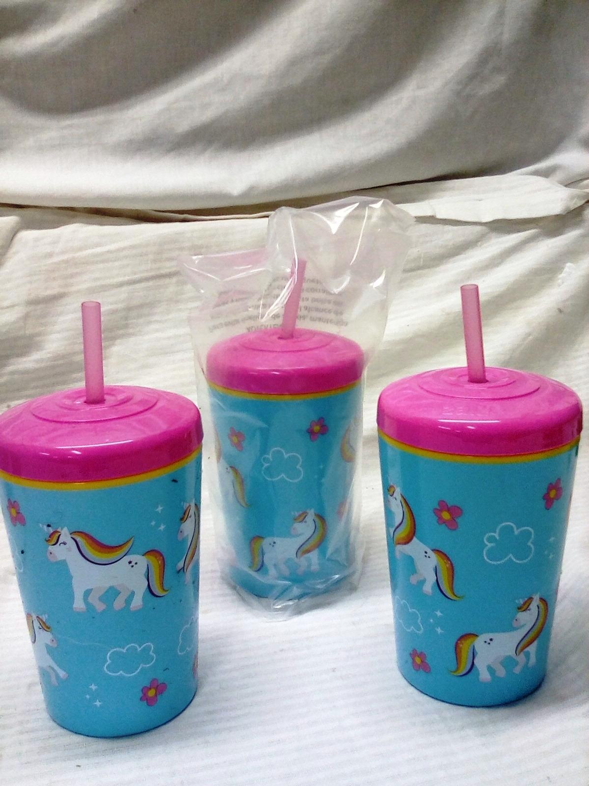 Qty. 3 Sdrink Tumblers With Straws Insulated 12 Oz Each Rainbow Unicorns