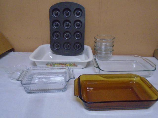 Group of Glass and Metal Bakeware and Bowls