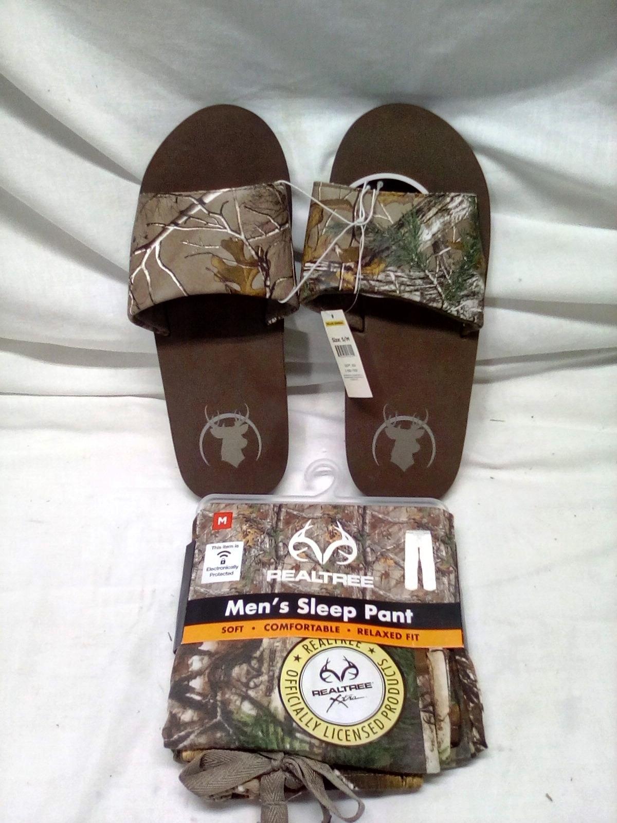 Realtree mens sleep pants size M with S/M sandals
