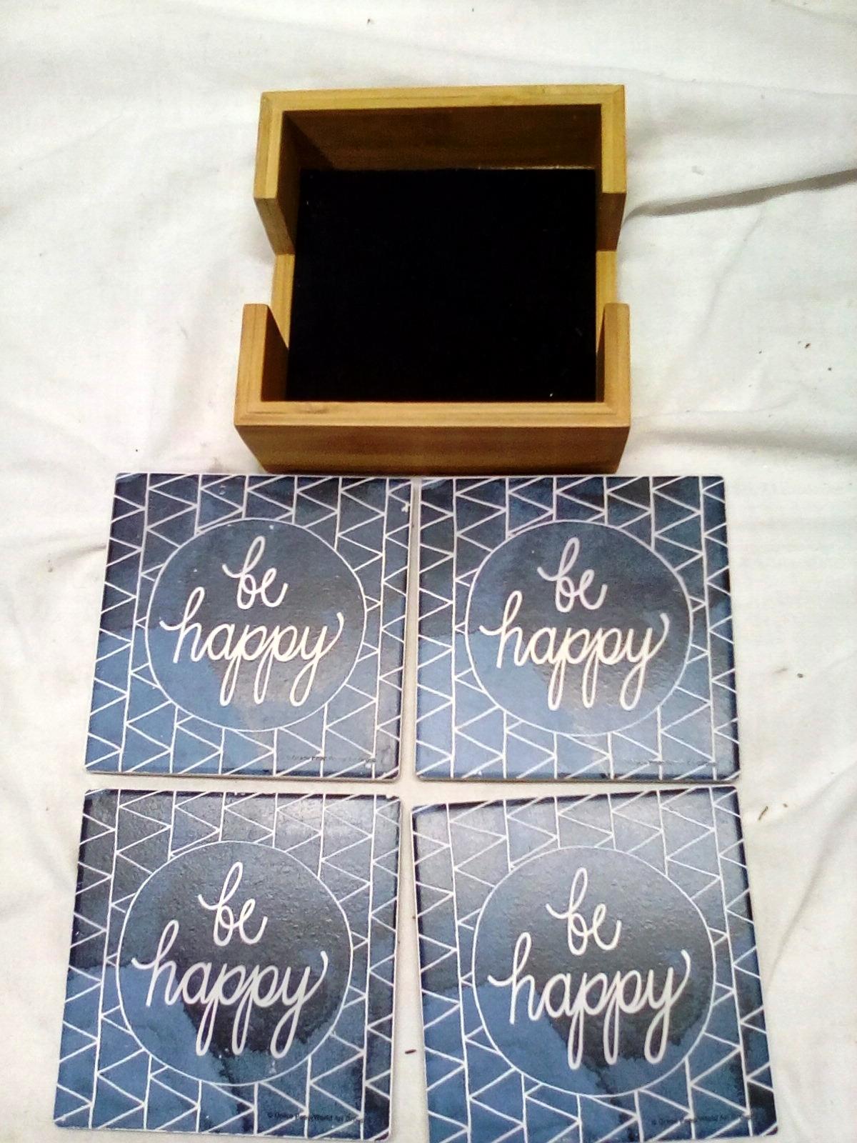 set of 4 Be Happy Coasters with Holder