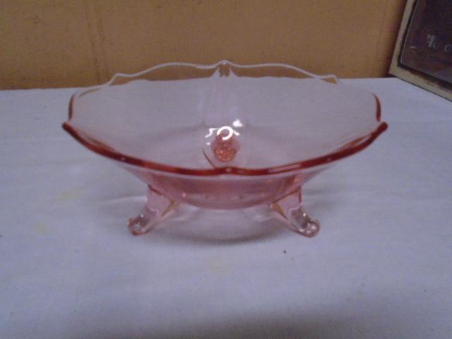 Beautiful 3 Footed Pink Depression Glass Bowl