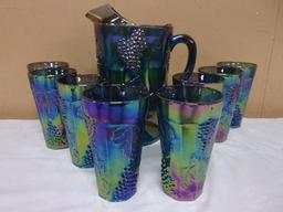 Vintage Indiana Glass Harvest Grape Blue Iridecent Pitcher & 8 Tumblers