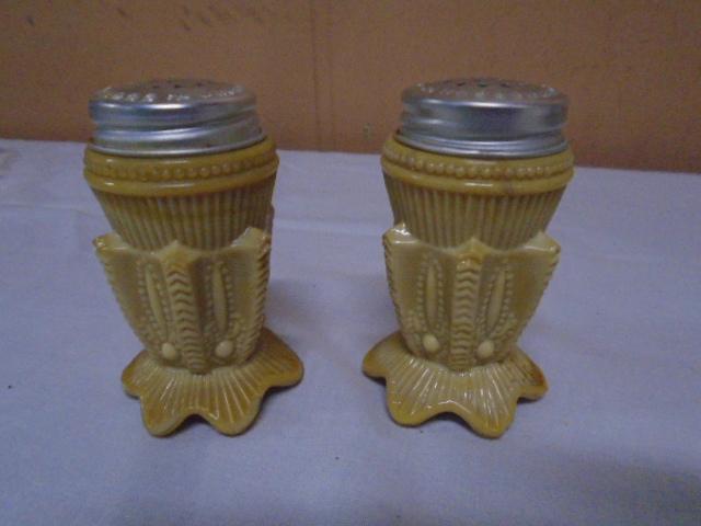 Vintage Green Town Glass Carmel Slag Salt & Pepper Shaker Set