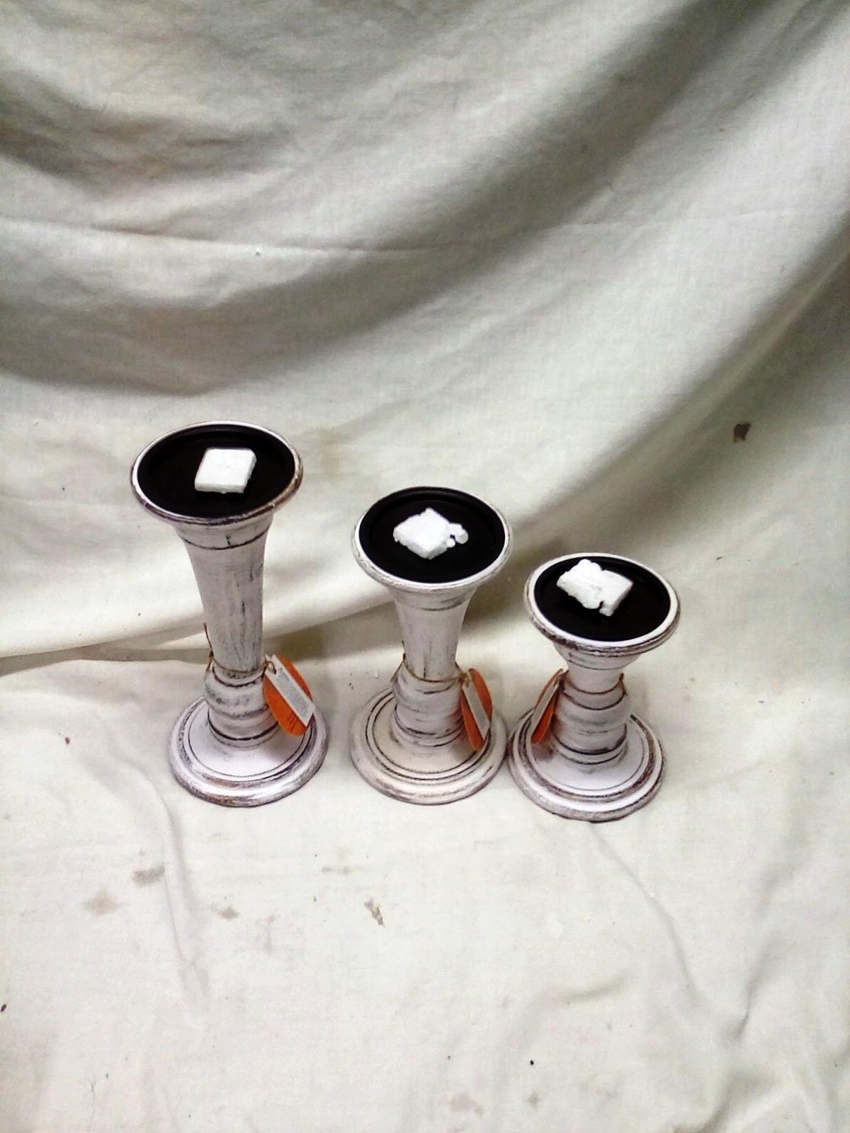 Set of 3 White Wood Candle Stands