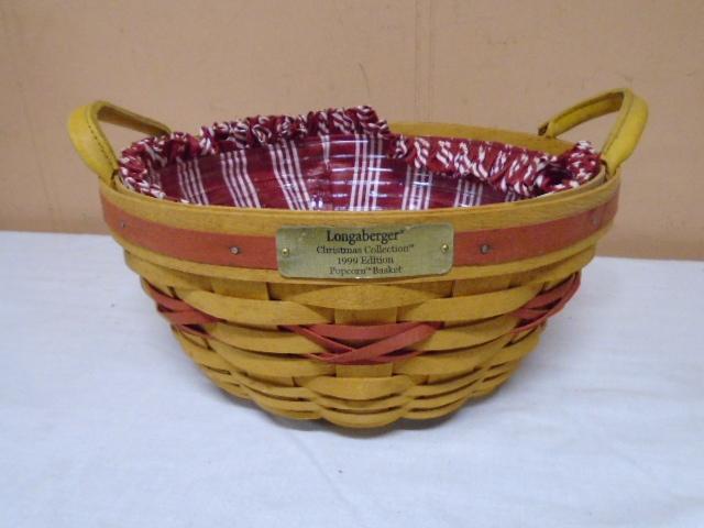 1999 Longaberger Popcorn Basket w/Liner and Protector