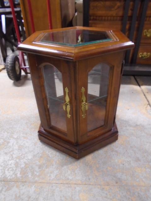 Octogon Glass Top Curio Side Table w/ Glass Shelf Inside