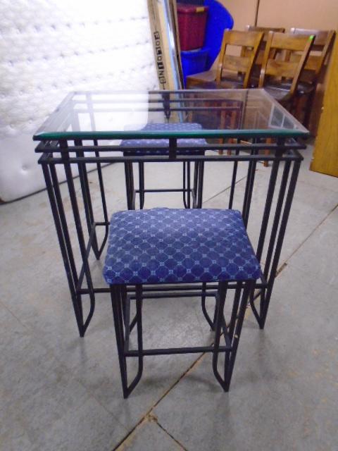 Metal Base Glass Top Pub Height Table w/ 2 Matching Stools