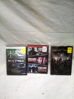 3 DVDS (MATRIX, JUSTICE LEAGUE, ESCAPE PLAN)