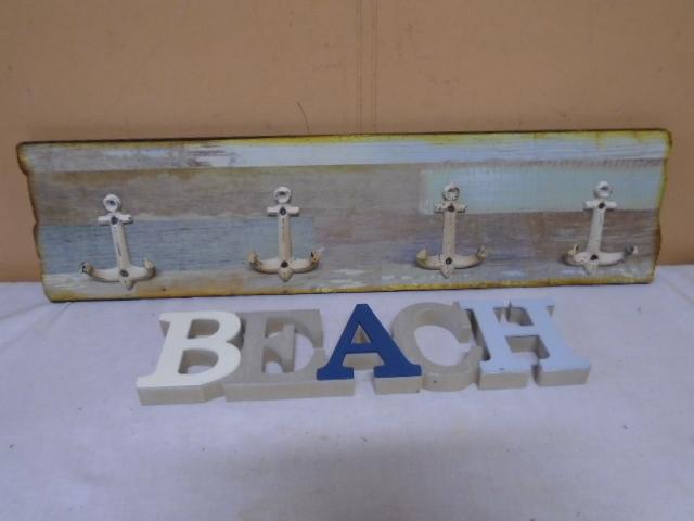 Wooden Beach Décor Sign & Wooden Wall Hanger w/ 4 Iron Anchor Hooks