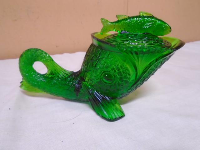 Greentown Glass Green Fish Candy Dish