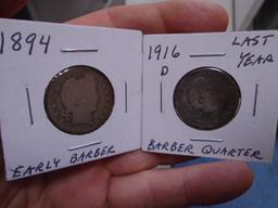 1894 and 1916 D-Mint Silver Barber Quarters