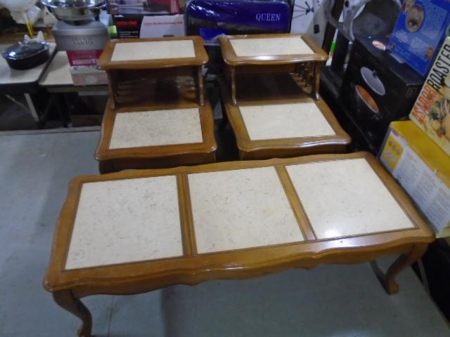 3pc Solid Wood Coffee & End Table Set w/ Marble Inserts