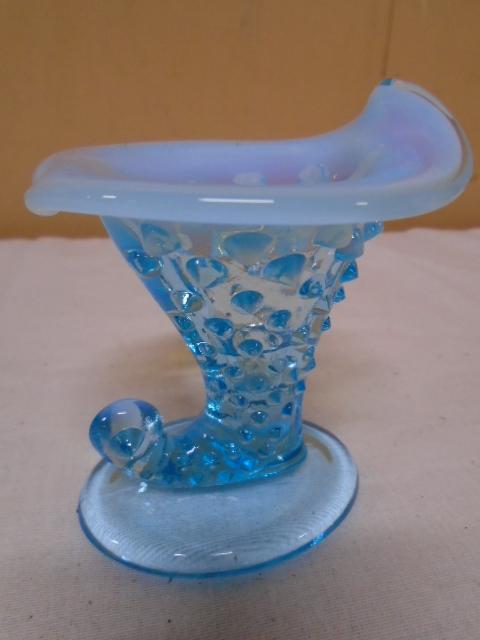 Vintage Fenton Blue Opalescent Art Glass Hobnail Cornucopia