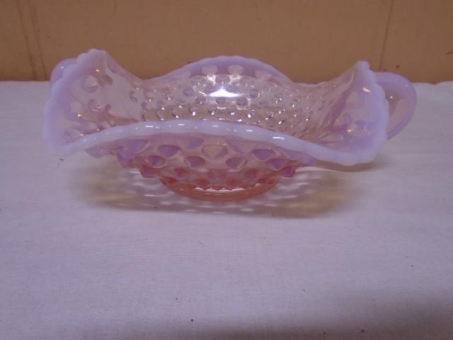 Vintage Fenton Champagne Pink Ruffled Hobnail Ruffled 2 Handle Bowl