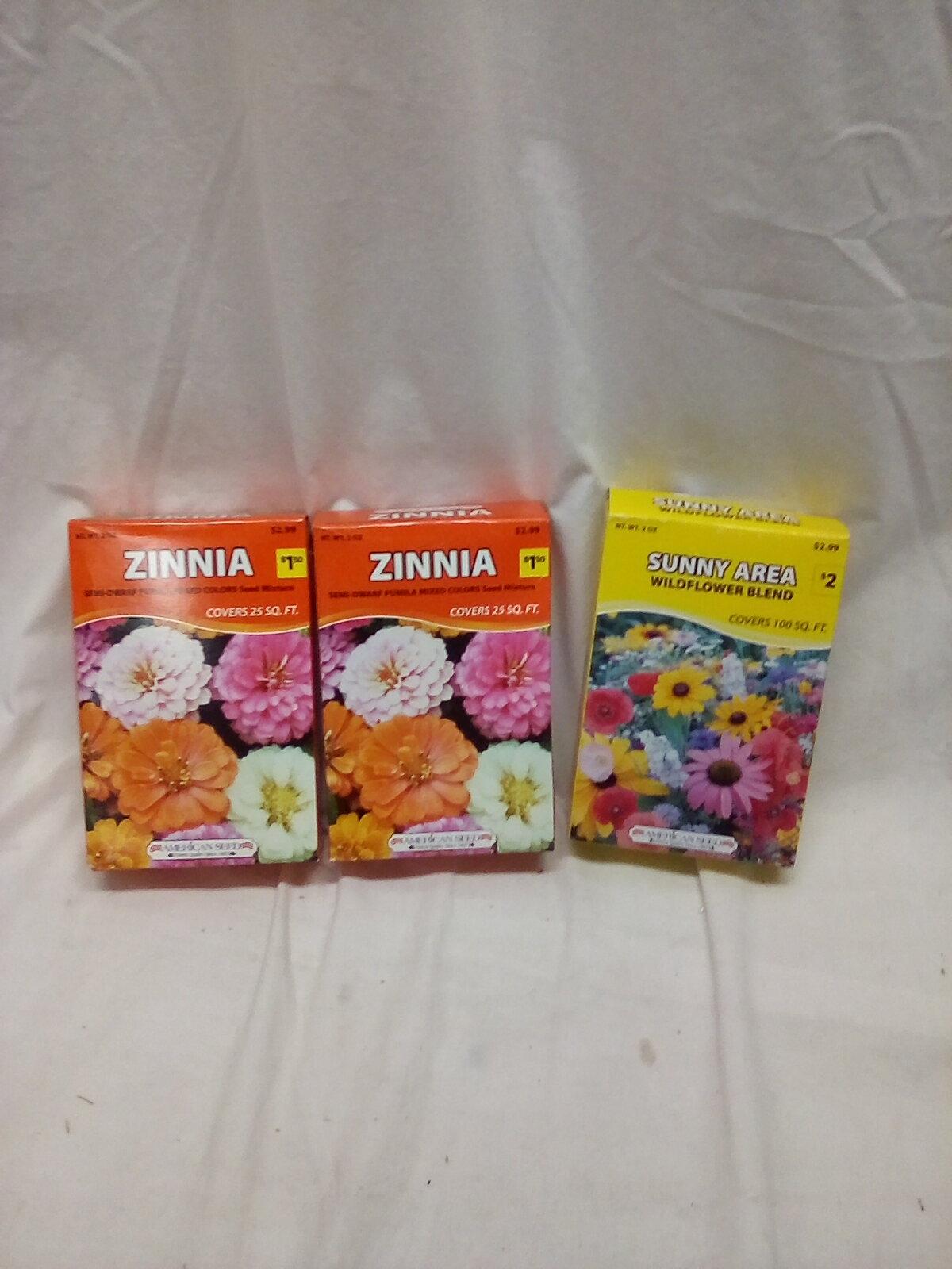 3 Packs of Seed- 2 Zinnia 25Sq Ft Coverage, 1 Sunny Area 100 Sq Ft Coverage