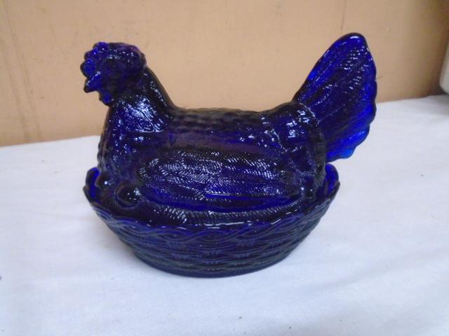 Cobalt Blue Glass Hen On Nest