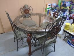 Gorgeous Like New Ornate Wood & Iron Round Dining Table w/ Beveled Glass Top & 4 Matching Chairs