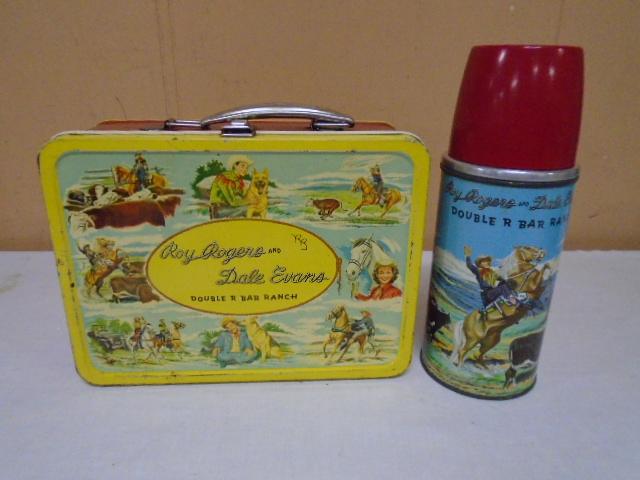 Vintage Roy Rogers and Dale Evans Double R Bar Ranch Metal Lunch Box w/ Original Thermos