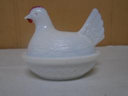 Vintage Milk Glass Hen on Nest w/Red Details