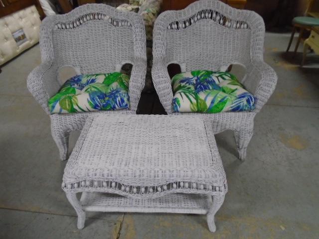 (2) Matching White Wicker Chairs w/Cushions and Matching Side Table