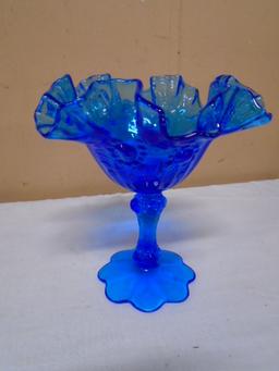Fenton Blue Glass Crimped Crest Pedistal Bowl