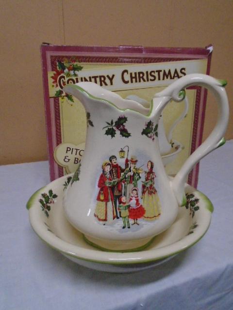 Cracker Barrel Country Christmas Iron Stone Pitcher & Bowl