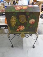 Beautiful Painted Wooden Storage Chest on Iron Stand