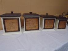 4pc Vintage Wooden Punched Copper Front Canister Set