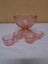 Miniature Pedistal Pink Glass Punch Bowl & 4 Cups