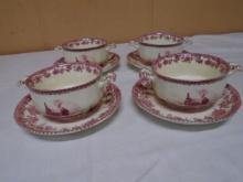 4pc Set of William James Farm Yard Red Rooster Soup Bowls & Saucers
