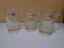 Group of 3 Heavy Glass Vintage A&W Rootbeer Mugs