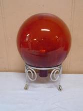 Red Glass Gazing Ball on Metal Stand