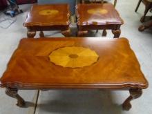 3pc Solid Wood Inlay Top Claw Foot Coffee Table & End Table Ste