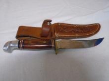 Vintage Western USA Wood Handle Brass Hilt Knife w/ Leather Sheaf