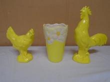Yellow Chicken & Rooster w/ Yellow Daisy Vase