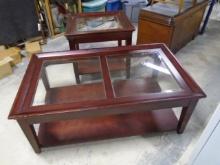 Cherry Rolling Coffee Table w/ 2 Glass Inserts & Matching End Table