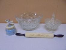 Large Glass Bowl-Candy Dish-Wood Rolling Pin-Scented Candle