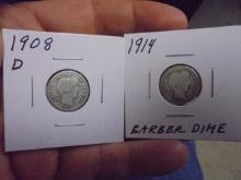 1908 D Mint & 1914 Silver Barber Dimes
