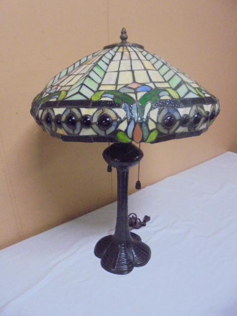 Gorgeous Leaded Stained Glass Shade Double Pull Chain Table Lamp