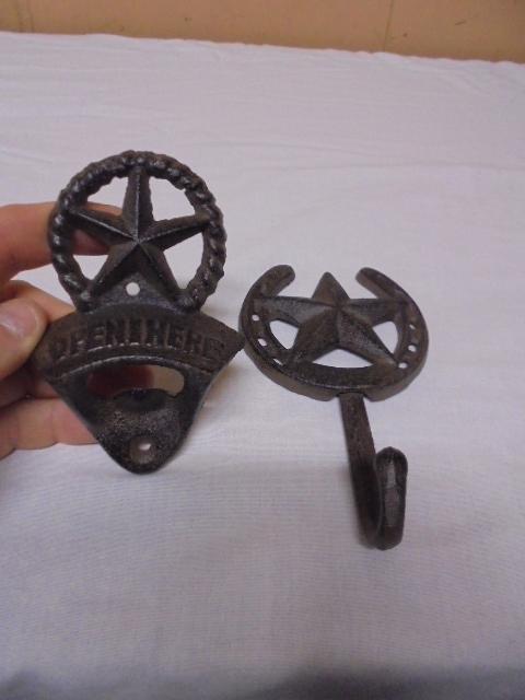 Cast Iron Bottle Opener w/ Star & Matching Cast Iron Wall Hook