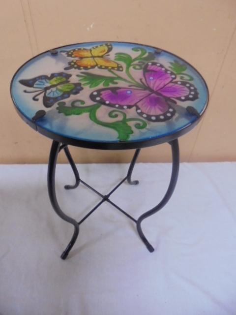 Metal Base Glass Top Side Stand w/ Butterflies