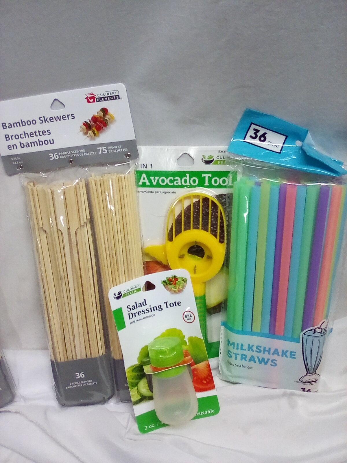 QTY 1 each, Avocado tool, milkshake straws, Dressing tote, Skewers