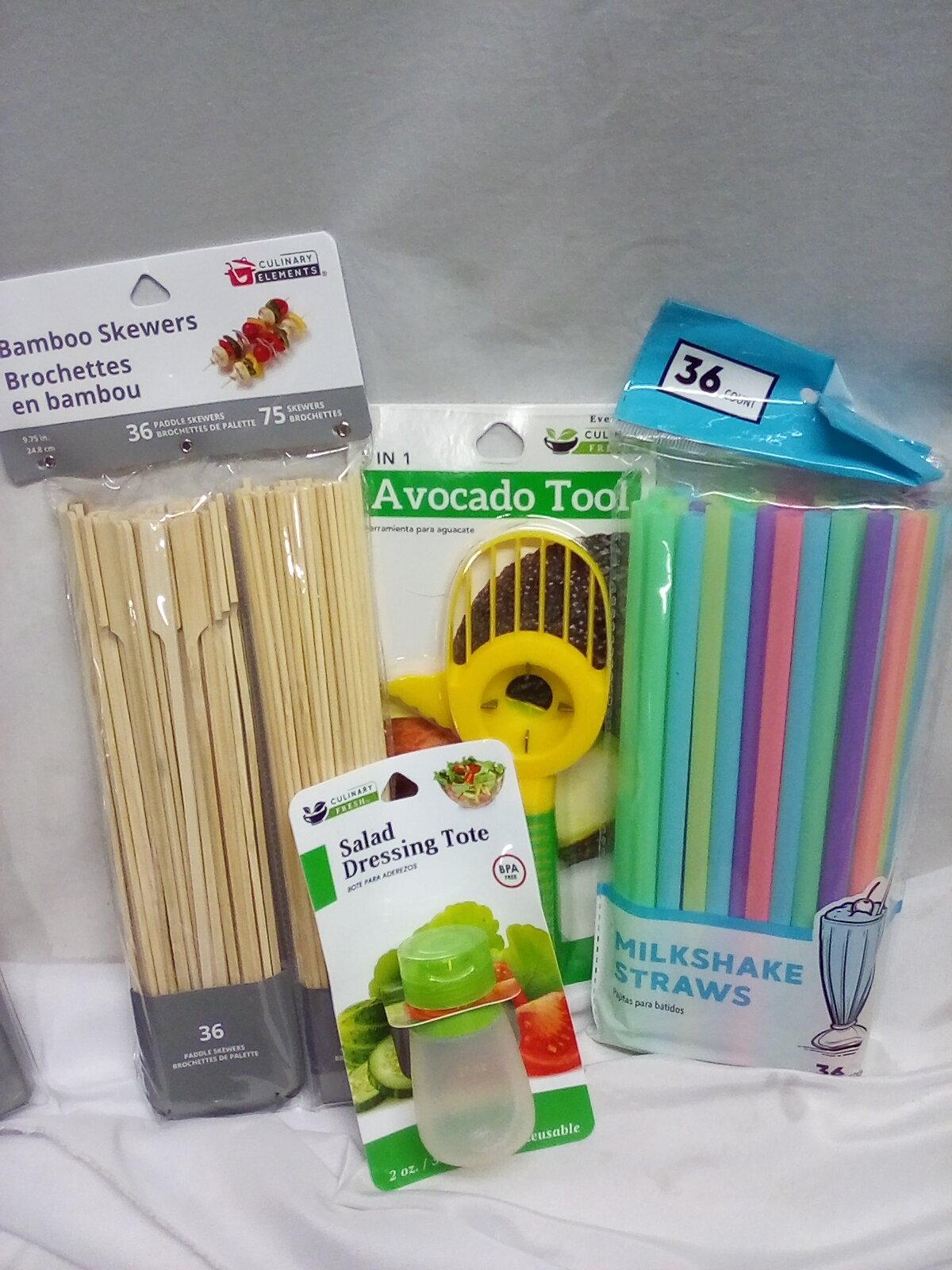 QTY 1 each, Avocado tool, milkshake straws, Dressing tote, Skewers