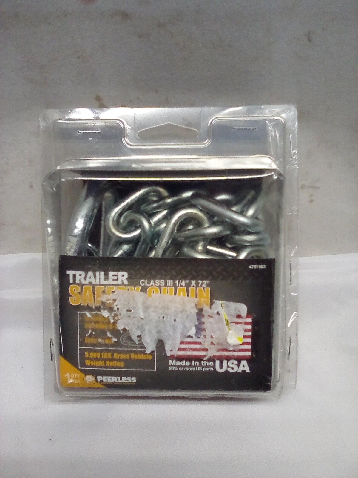 Trailer Safety Chain. Class III ¼” x 72” 5,000 lbs. Gross Vehicle Weight