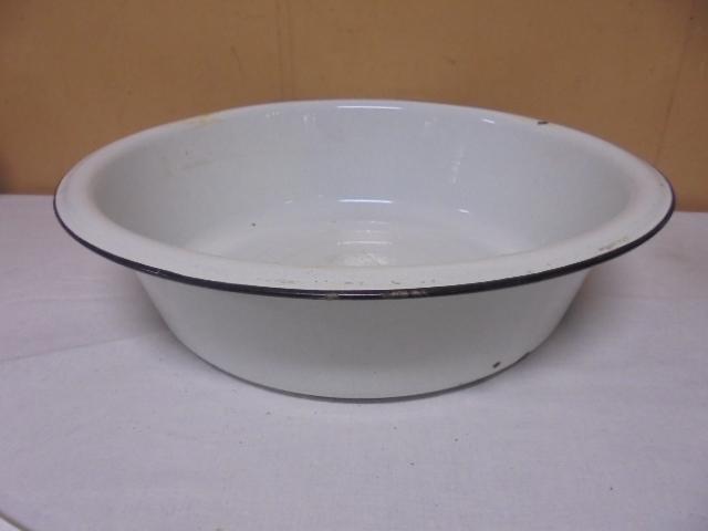 Vintage White & Black Porcelain Over Steel Wash Pan