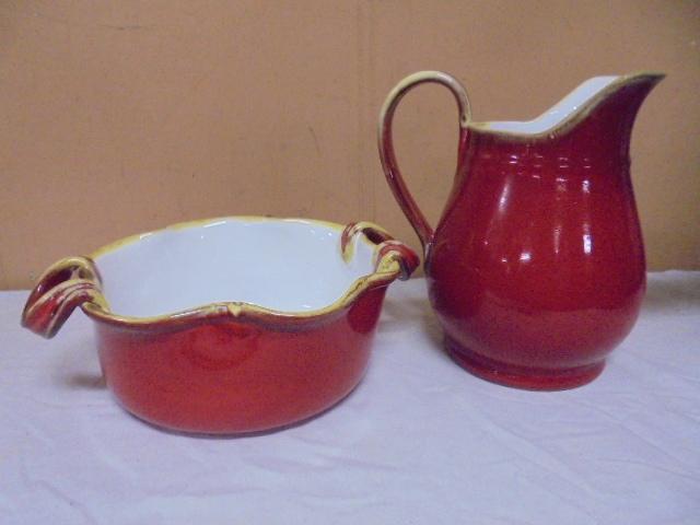 Beautiful Art Pottery Double Handled Bowl & Pitcher