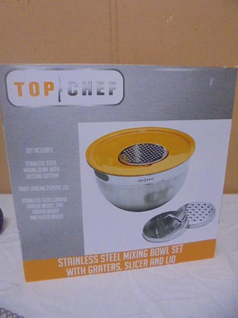 Top Chef Stainless Steel Mixing Bowl Set w/ Graters, Slicer & Lid